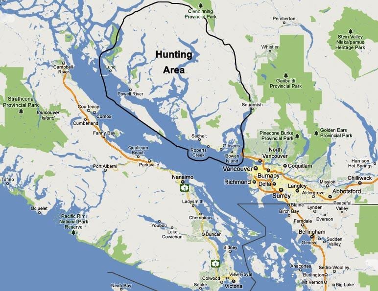 Kartta vancouver island metsästys