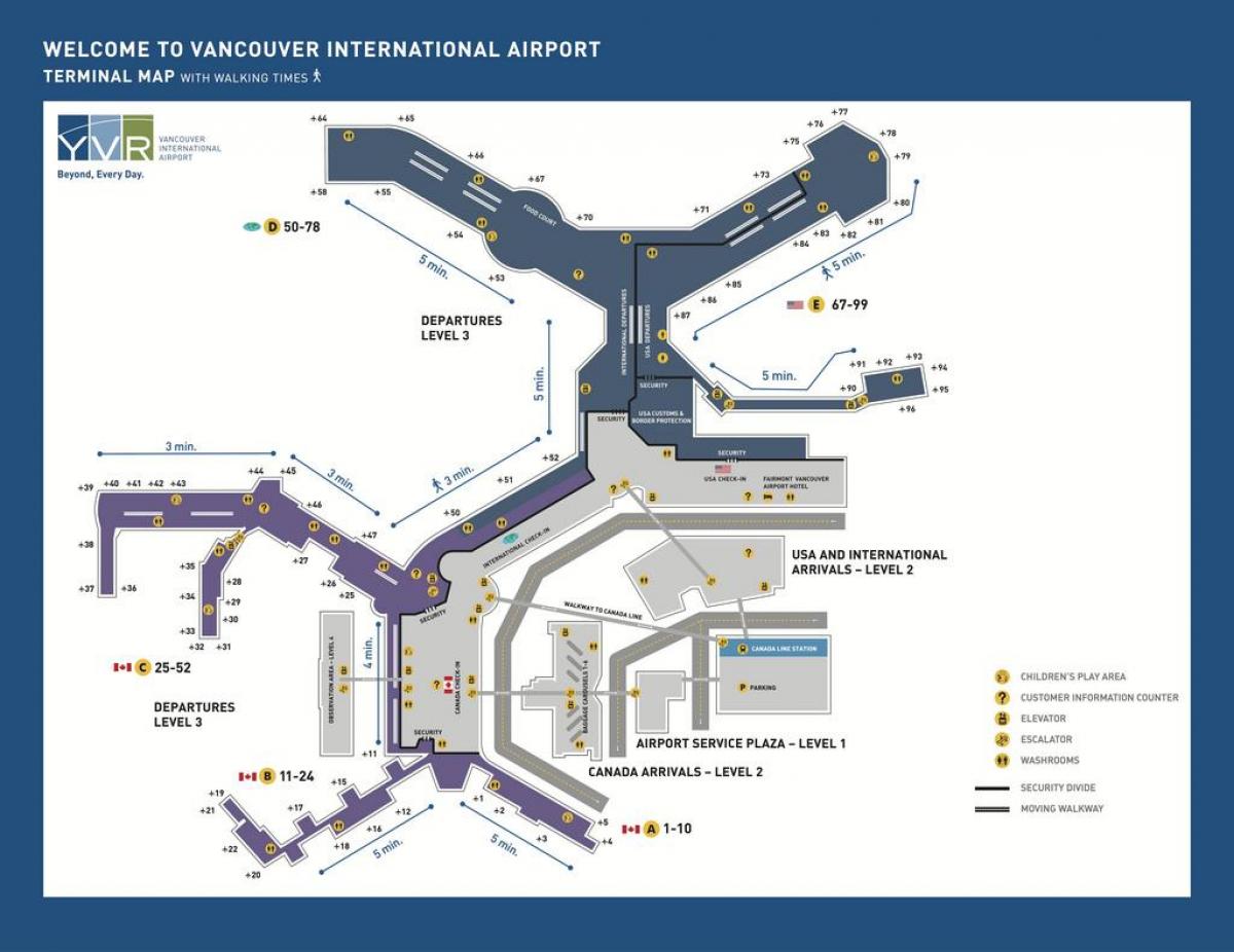Vancouver lentokenttä terminaali kartta - Vancouver terminaali kartta  (British Columbia, Kanada)