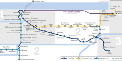 Vancouverin lentokentältä keskustaan skytrain kartta